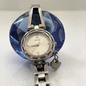 GUESS Silver Tone Crystal Watch Women Stainless Steel Quartz Heart Charm VG